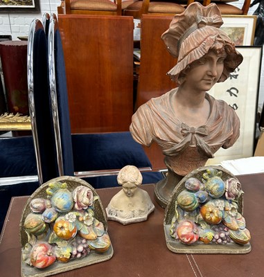 Lot 221 - A PLASTER BUST OF A LADY ALONG ANOTHER SMALL...