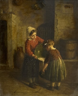 Lot 360 - PAUL SEIGNAC (FRENCH 1826-1904): AN OIL PAINTING ON PANEL DEPICTING TWO GIRLS POURING MILK