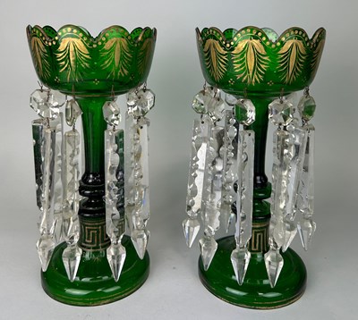 Lot 226 - A PAIR OF GREEN GLASS LUSTRES WITH GLASS DROPS,...