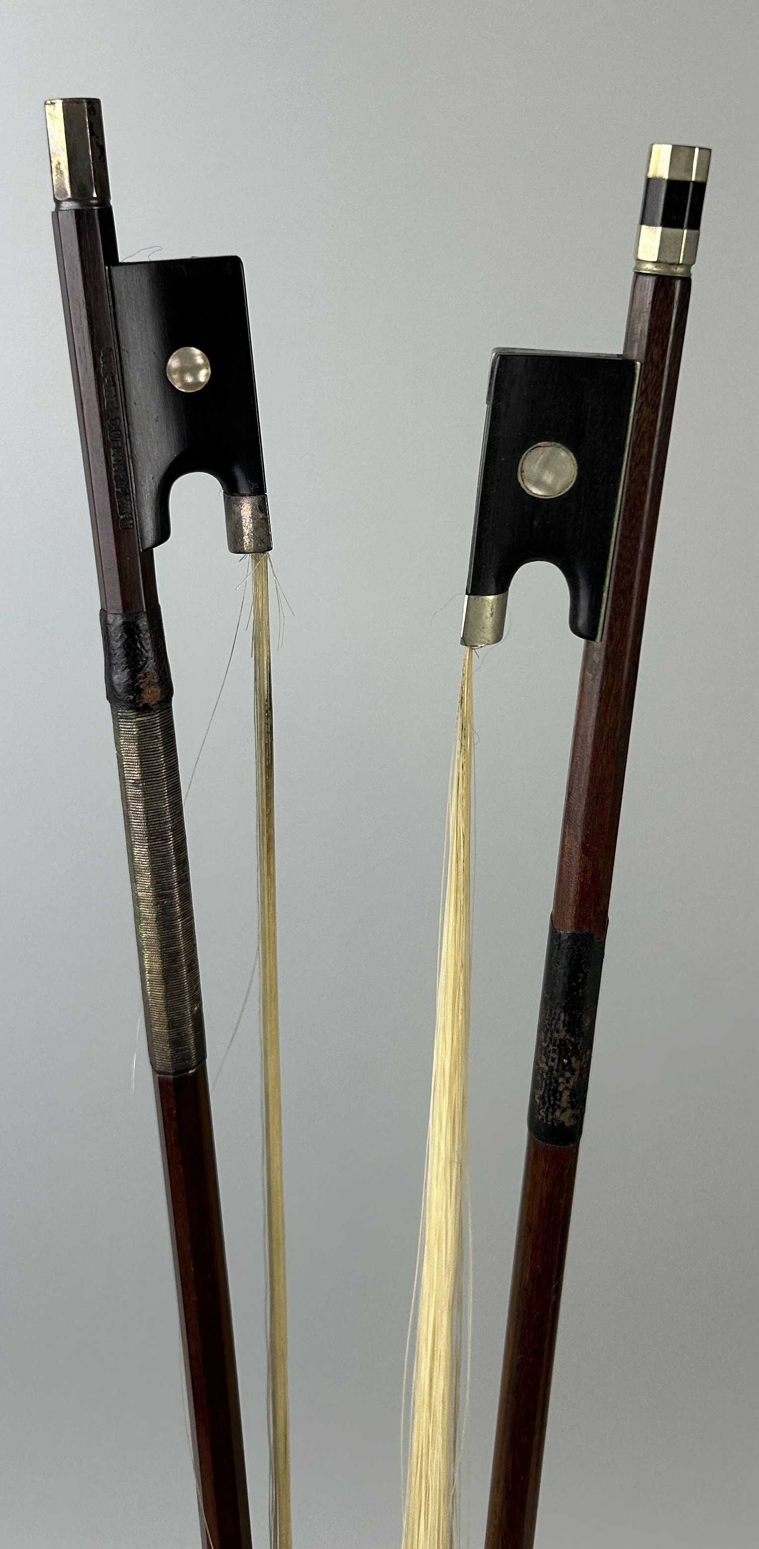 Lot 447 - TWO VIOLIN BOWS, WEICHOLD SILVER MOUNTED AND