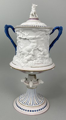 Lot 616 - A STAFFORDSHIRE PARIAN WARE TWIN HANDLE URN AND COVER ATTRIBUTED TO GEORGE JONES