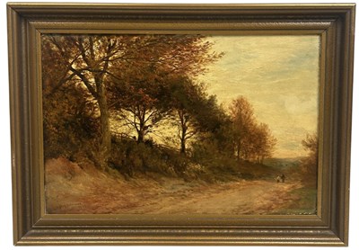 Lot 382 - ALFRED WALTER WILLIAMS (BRITISH 1824-1905): AN OIL PAINTING ON CANVAS DEPICTING TWO FIGURES WALKING ON A COUNTRY PATH WITH TREES