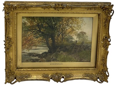 Lot 368 - EDMUND MORRISON WIMPERIS: AN OIL PAINTING ON PANEL DEPICTING A RIVER WITH TREES