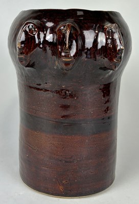 Lot 427 - AN UNUSUAL BROWN GLAZED CERAMIC VASE WITH SIX...