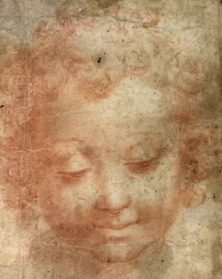Lot 516 - CIRCLE OF CRISTOFORO RONCALLI (ITALIAN 1552-1626): A RED CHALK DRAWING OF A CHILD'S FACE