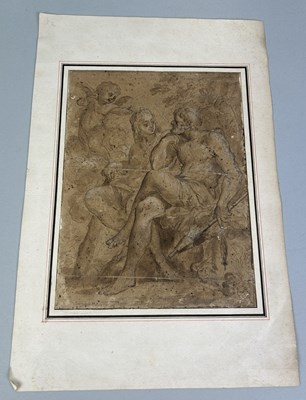 Lot 517 - ITALIAN OLD MASTER SCHOOL: A PENCIL DRAWING WITH BROWN INK, WASH AND TRACES OF WHITE HEIGHTENING DEPICTING HERCULES AND OMPHALE