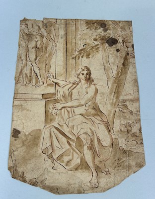 Lot 519 - CIRCLE OF PIER FRANCESCO MOLA (ITALIAN 1612-1666): AN ITALIAN OLD MASTER DRAWING, RED CHALK WITH BROWN INK DEPICTING A SEATED GIRL WITH NUDES IN THE BACKGROUND