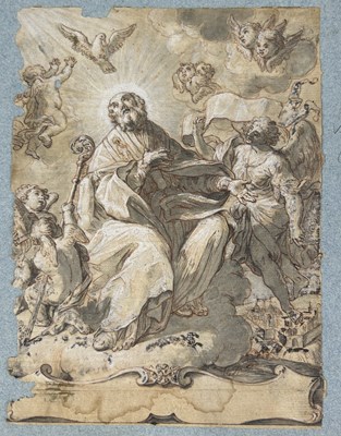 Lot 520 - 18TH CENTURY VENETIAN SCHOOL: A PEN AND INK DRAWING HEIGHTENED WITH WHITE DEPICTING A RELIGIOUS SCENE WITH PUTTI