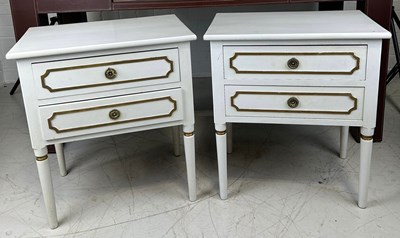 Lot 476 - A PAIR OF WHITE BEDSIDE TABLES WITH GILT...