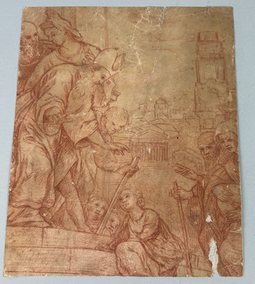 Lot 521 - 18TH CENTURY ITALIAN OLD MASTER: A RED CHALK DRAWING DEPICTING FIGURES WITH A CITY IN THE BACKGROUND