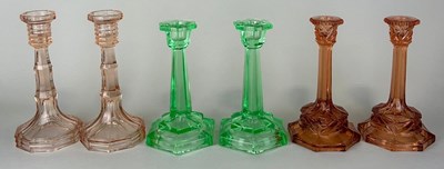 Lot 527 - THREE PAIRS OF PRESSED GLASS CANDLESTICKS,...