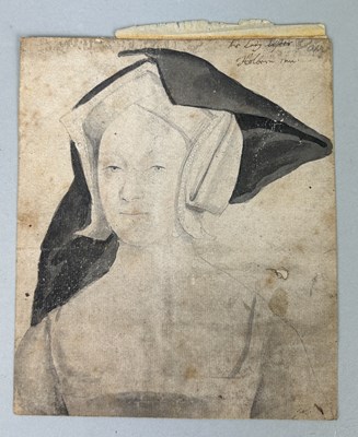 Lot 527 - AFTER HANS HOLBEIN THE YOUNGER (GERMAN DIED 1543): A PENCIL DRAWING WITH COLOUR ON PAPER 'ELIZABETH, LADY VAUX'