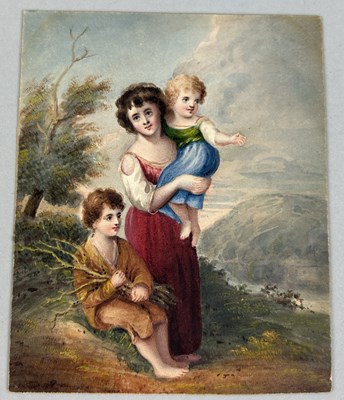 Lot 529 - AFTER THOMAS GAINSBOROUGH (ENGLISH 1727-1788): A MINIATURE PAINTING ON CARD 'COTTAGE CHILDREN (THE WOOD GATHERERS'