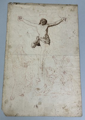 Lot 530 - 18TH CENTURY ITALIAN OLD MASTER AFTER PIETRO BERRETTINI (PIETRO DA CORTONA): A RED CHALK DRAWING ON PAPER DEPICTING CHRIST ON THE CROSS WITH WOMEN MOURNING