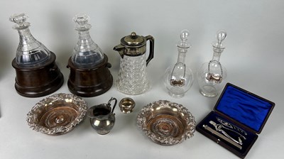 Lot 570 - A COLLECTION OF GLASS DECANTERS AND SILVER PLATE