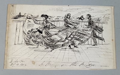 Lot 531 - ATTRIBUTED TO JOHN LEECH (BRITISH 1817-1864): AN INK DRAWING TITLED 'A BREEZE ON THE BRIDGE'