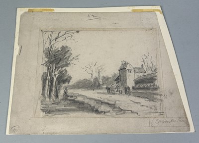 Lot 821B - IN THE MANNER OF CAMILLE PISSARRO (DANISH/FRENCH 1830-1903): A PENCIL DRAWING ON PAPER DEPICTING A HORSE AND CART WITH FIGURES AND A HOUSE