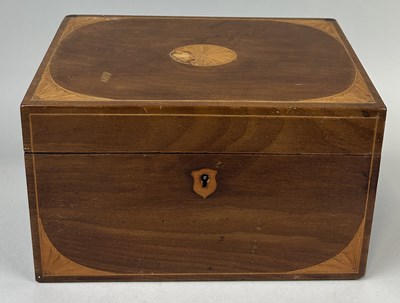 Lot 1110 - A 19TH CENTURY SHERATON REVIVAL STATIONARY BOX WITH MARQUETRY INLAID OVAL PATERA