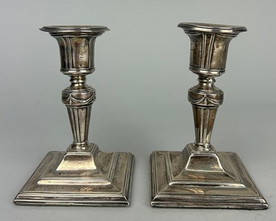 Lot 12 - A PAIR OF SILVER CANDLESTICKS,

13cm H

479gms