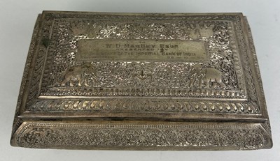 Lot 17 - A LARGE INDIAN SILVER BOX PRESENTED BY THE...