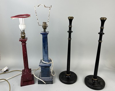 Lot 988 - A PAIR OF 'WOOLPIT INTERIORS' EBONISED AND GILT TABLE LAMPS ALONG WITH TWO PAINTED TABLE LAMPS (4)