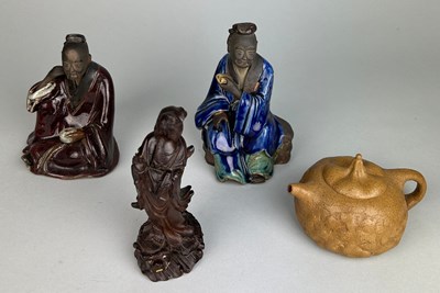 Lot 114 - CHINESE POTTERY FIGURES A WOODEN GUANYIN AND A...