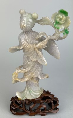 Lot 117 - A JADEITE FIGURE OF A GIRL HOLDING A FLOWER,...