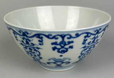 Lot 141 - A CHINESE BLUE AND WHITE BOWL WITH GUANGXU SIX...